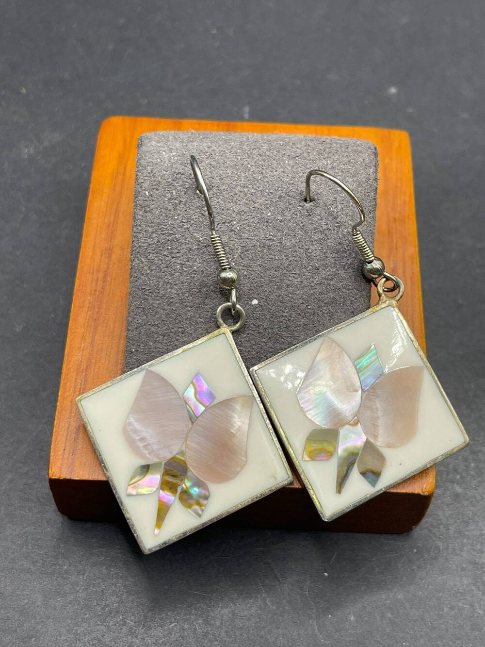 925 Sterling Silver Mexico Mother of Pearl Inlay Square Dangle Earrings Floral